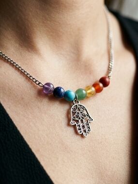 Artisan 7" Chakra Hamsa Hand Necklace Silver Tone Gemstone Bead Choker